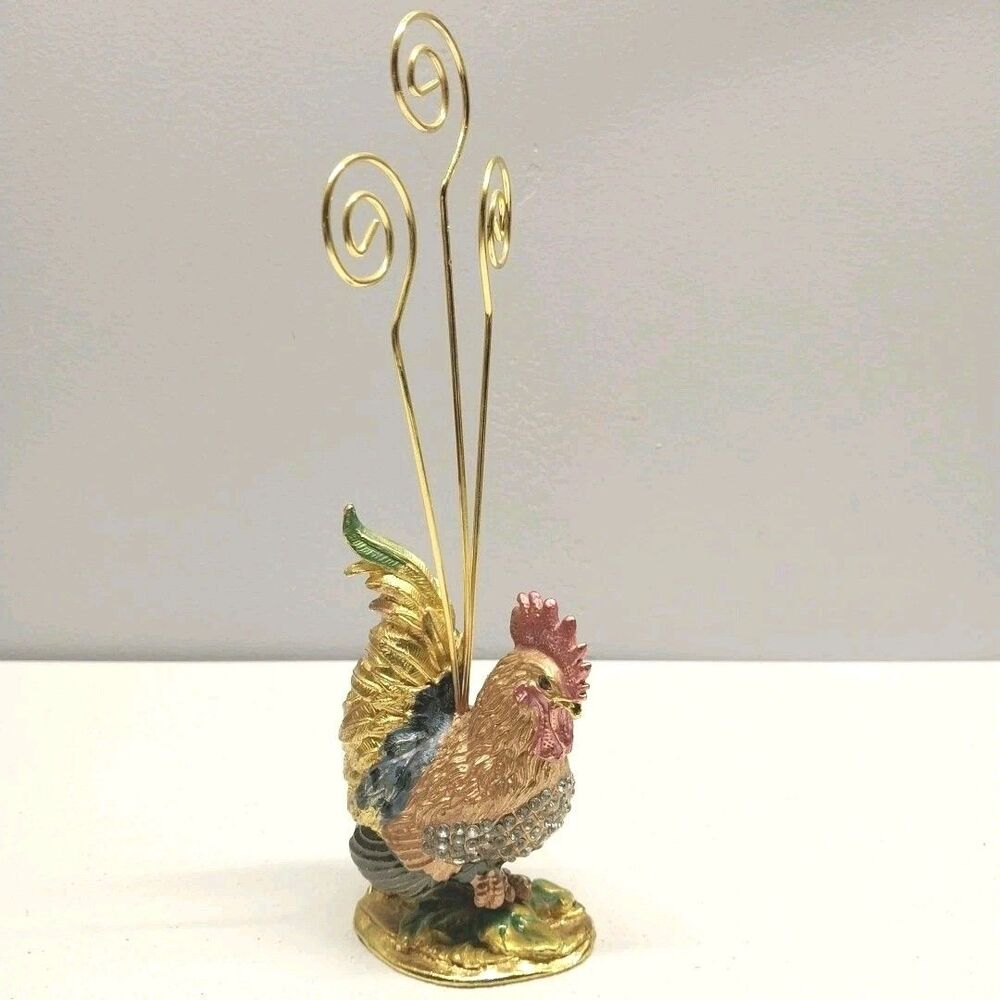Rhinestone Rooster Photo Memo Recipe Card Holder Metal Farmhouse Kitchen Decor
